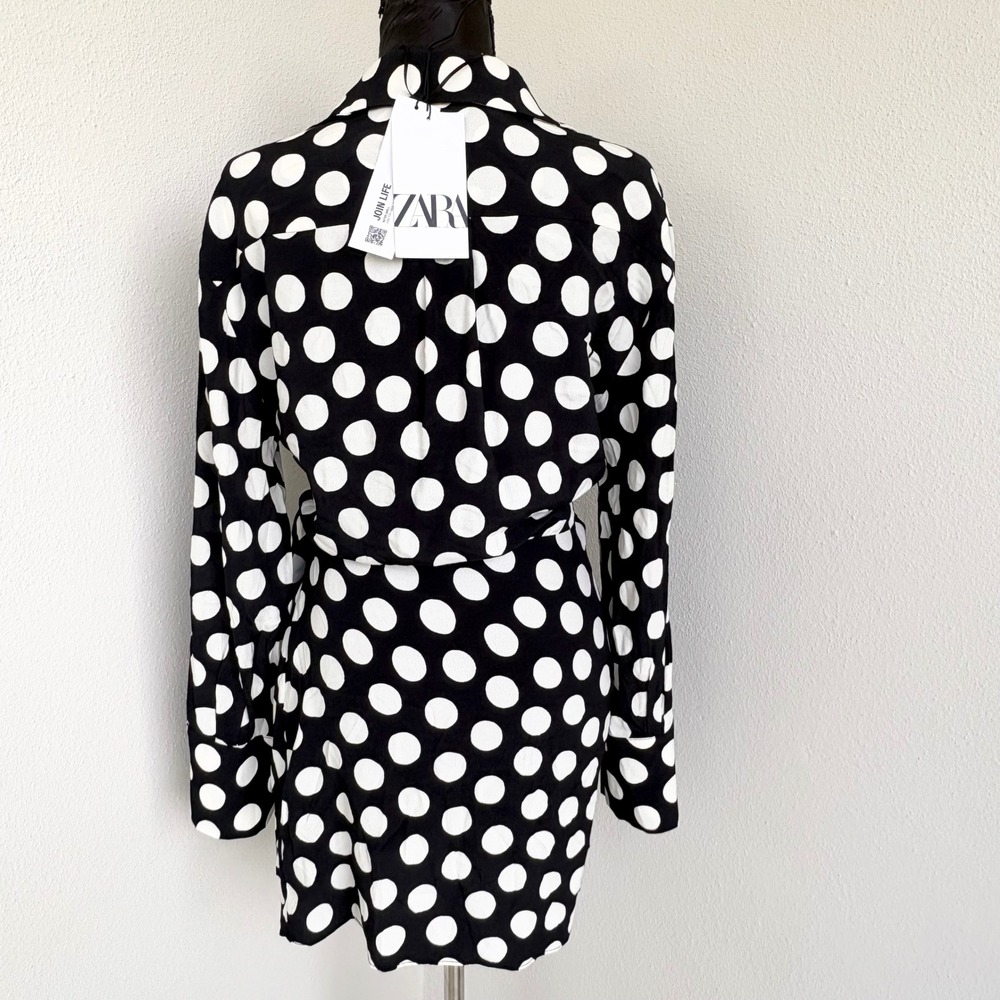 NEW Zara Polka Dot Wrap Long Sleeve Mini Dress Women M Black White Preppy - Picture 3 of 11